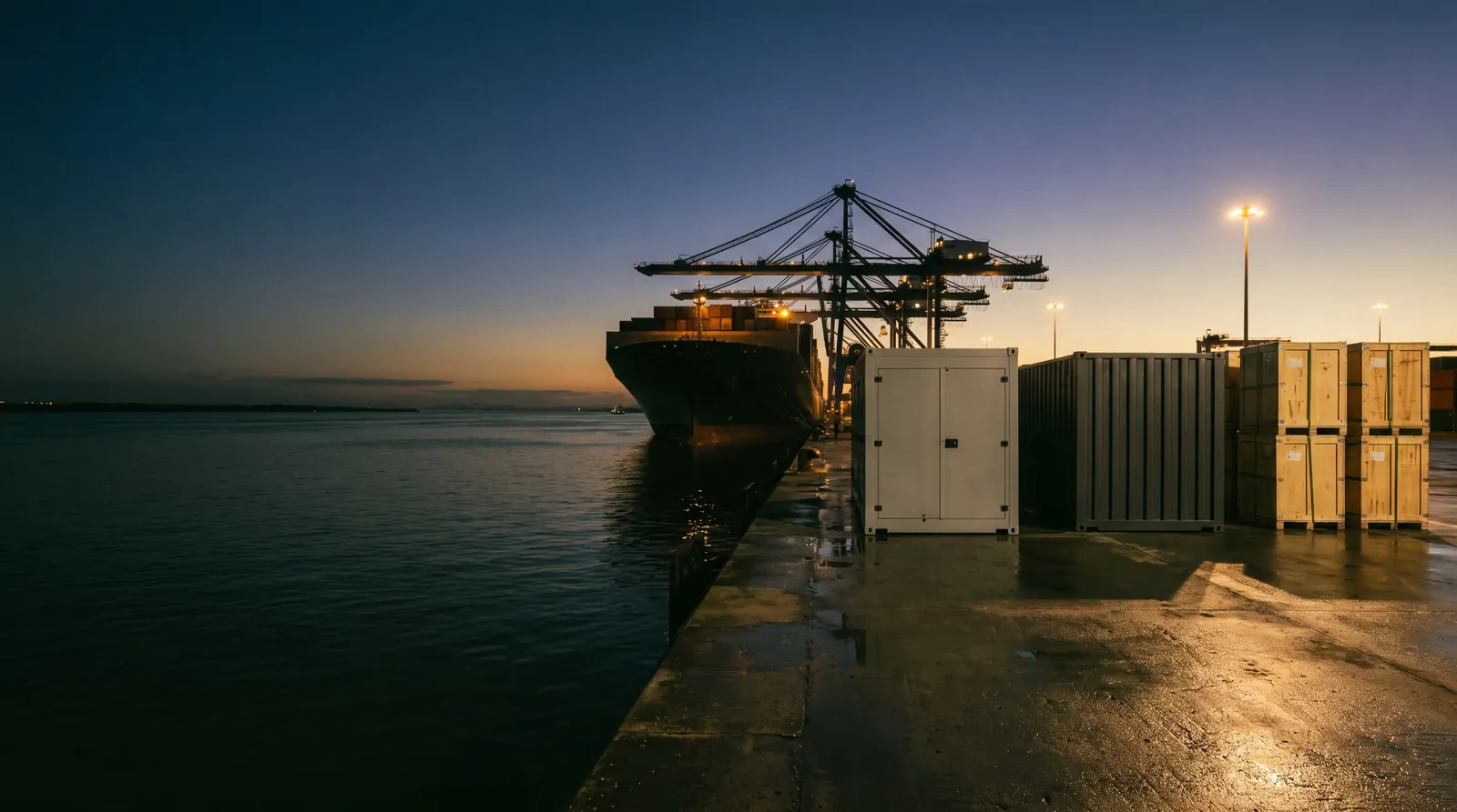 Ilustração: cais de exportação ao amanhecer, com contêineres prontos para embarque e navio atracado