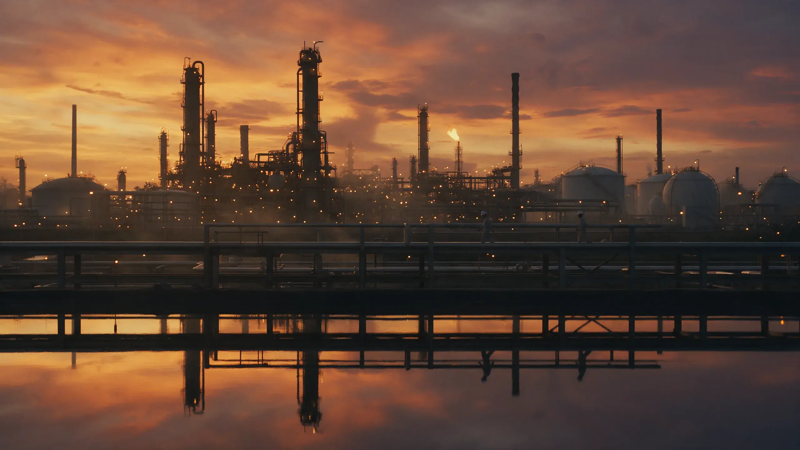 Refinaria ao entardecer, refletida na água